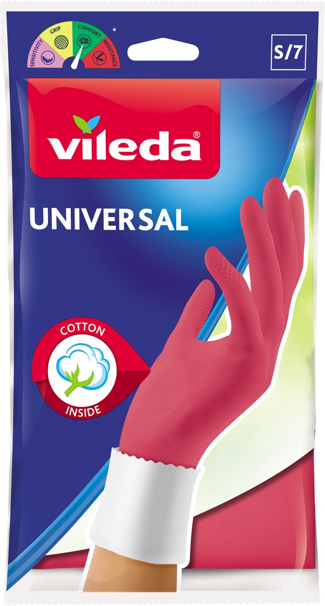 Vileda universal - guantes para el hogar - talla s - 1 par - rosa - forro de algodón - caucho 100% natural
