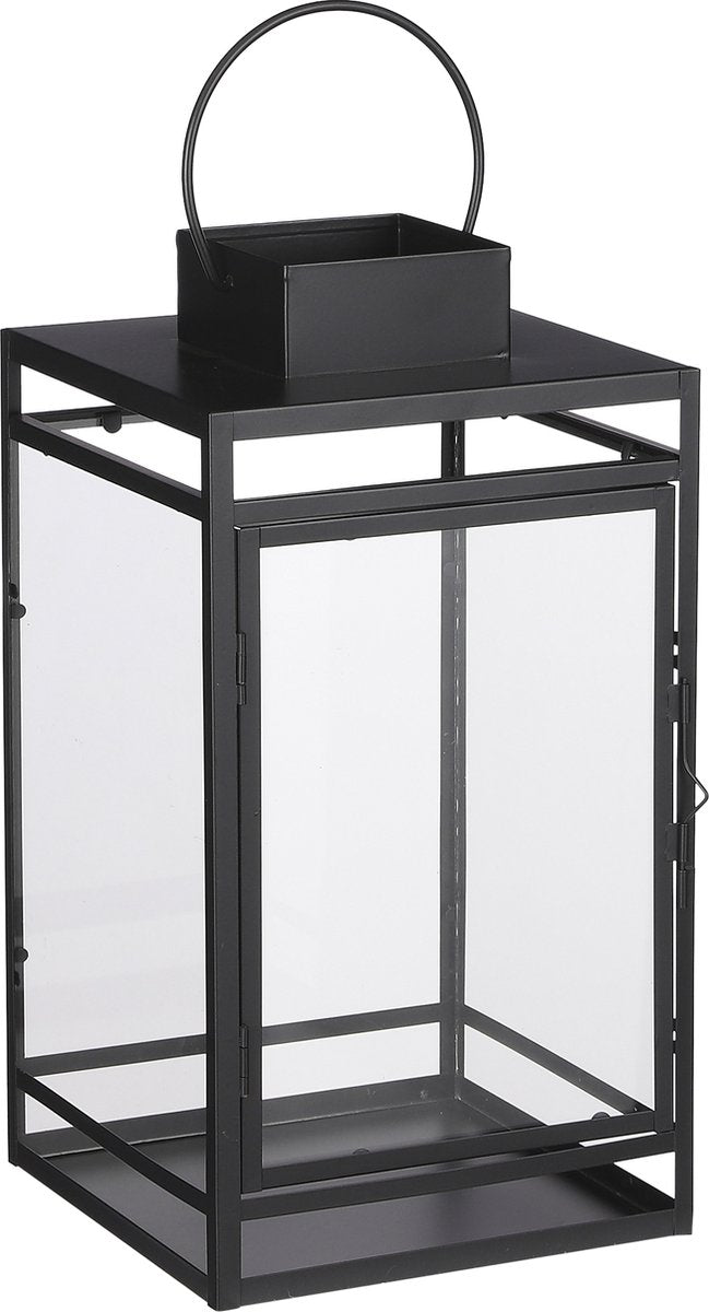 Linterna de tormenta con decoraciones de mica - 19,5x19x36 cm - hierro - negro