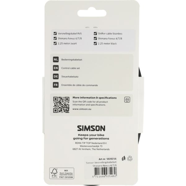 Rema tip top nederland b.v. versnellingskabelset simson nexus 4 7 8 rvs - zwart