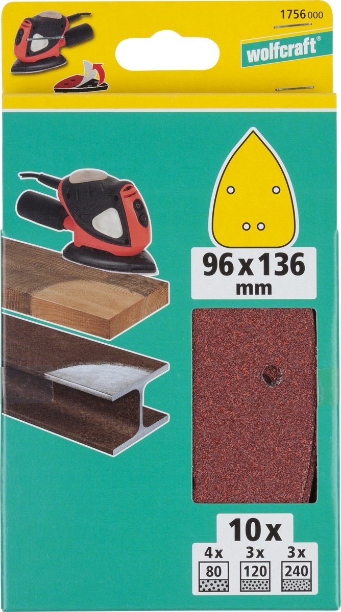 Wolfcraft - papel de lija - 10 piezas - para lijadora de ratón triangular - grano 80 120 240 - 1756000