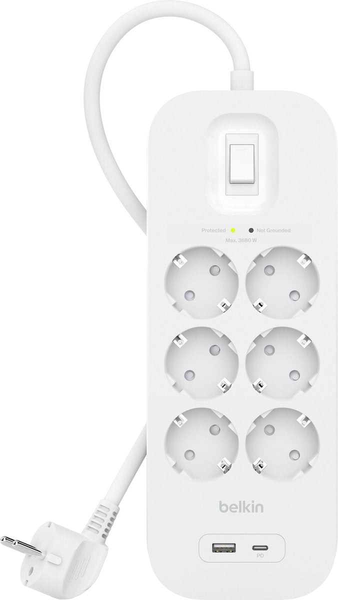Protector contra sobretensiones Belkin con 6 tomas blanco 2m (USB-C + USB-A) uso belga