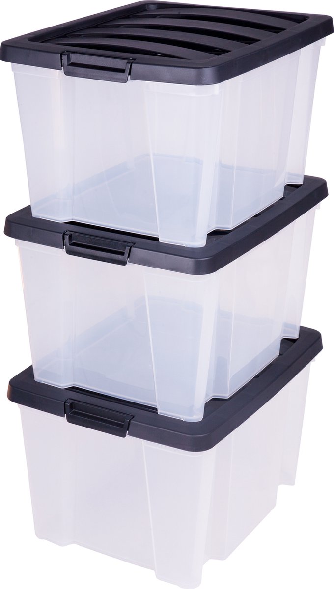 Caja de almacenamiento Iris práctico - 30 l - plástico - negro transparente - juego de 3