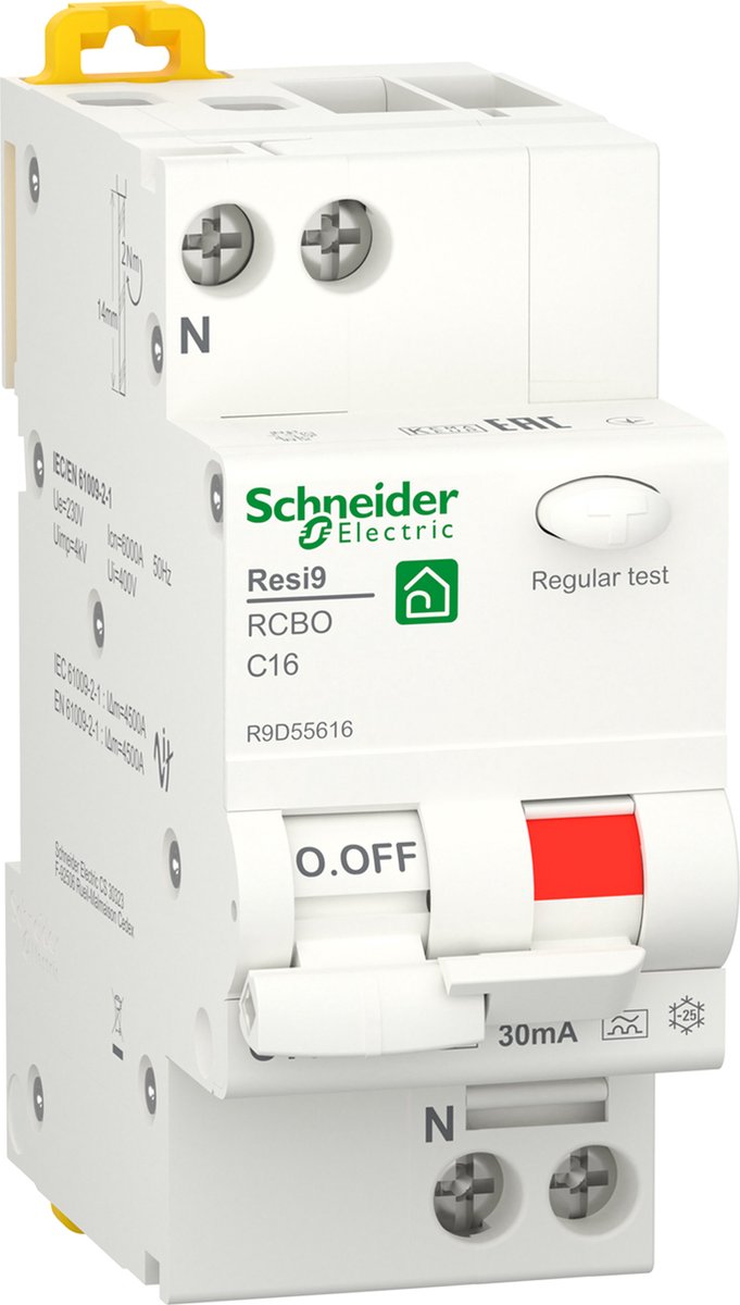 Schneider electric resi9 - interruttore differenziale - 1p+n - 16a - caratteristica c - 6000a - 30ma - tipo a