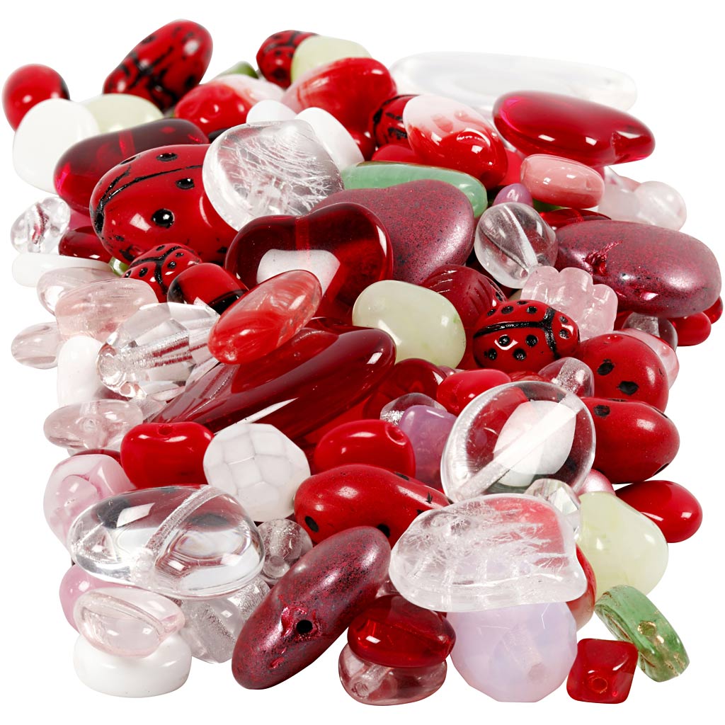 Perle di vetro Creativ company, coccinella, foglie, cuori, d 5-22 mm, misura buco 0,5-1,5 mm, vari colori, 350 gr 1 scatola