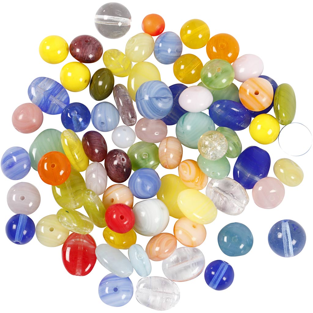 Cuentas de vidrio Creativ Company, redondas, ovaladas, circulares, d 6-13 mm, medida de agujero 0,5-1,5 mm, varios colores, 350 gr 1 caja