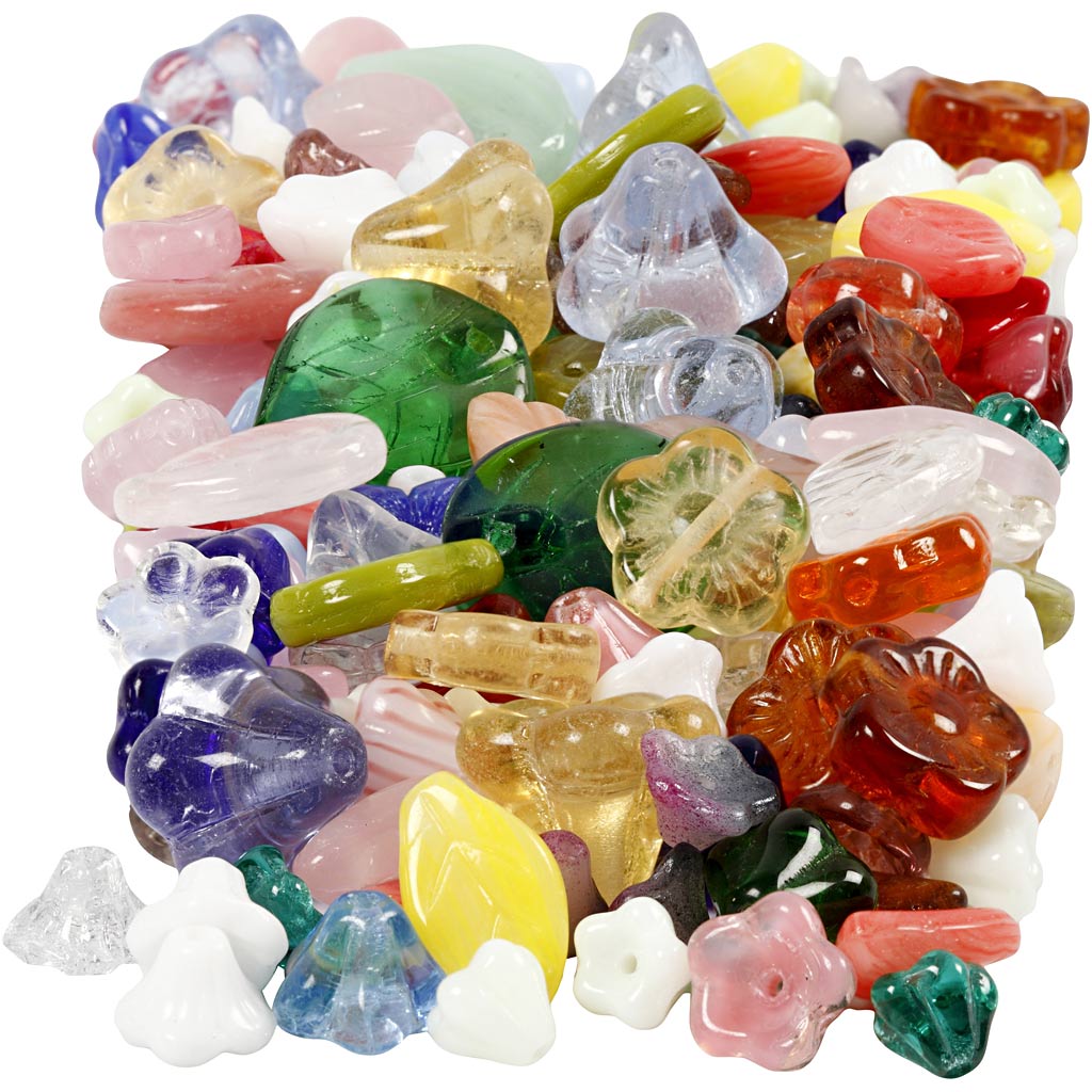 Perle di vetro Creative Company, foglie, fiori, d 6-17 mm, misura buco 0,5-1,5 mm, vari colori, 350 gr 1 scatola