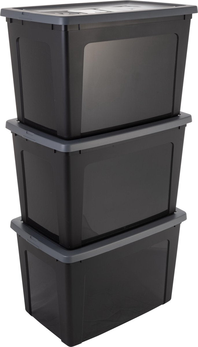 Iris clearbox opbergbox - 70l - kunststof - zwart grijs - set van 3