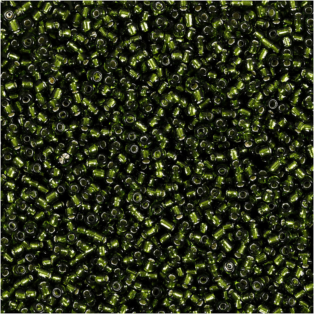 Cuentas de semillas Creativ company, d 1,7 mm, tamaño 15 0, medida de agujero 0,5-0,8 mm, verde hierba, 25 gr 1 caja