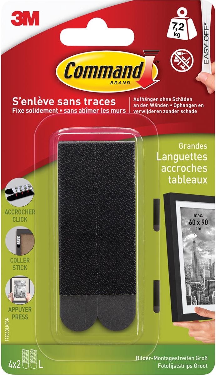 3m command fotolijststrip, large, draagvermogen 7,2 kg, zwart, blister van 8 stuks