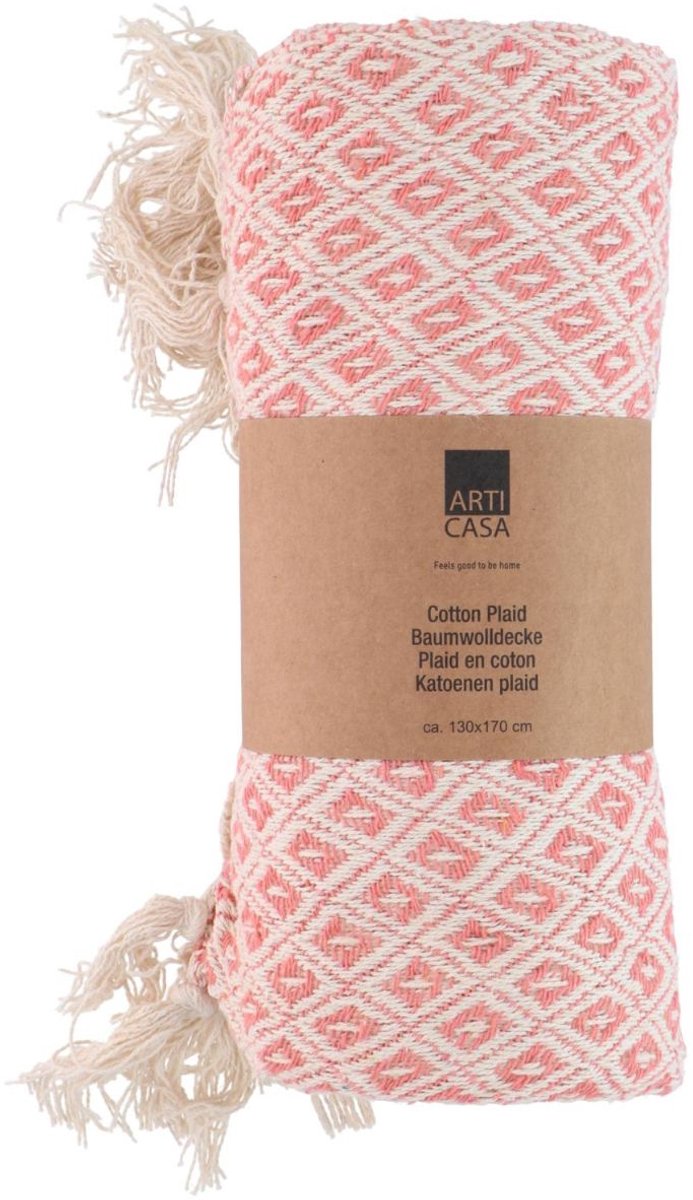 Plaid in cotone Arti casa - 130x170 cm - coperta decorativa con frange - plaid soft living - rosa