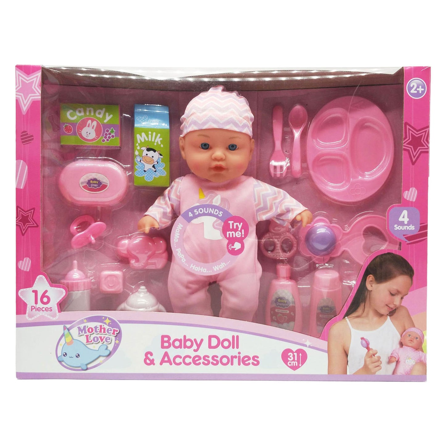 Muñeco bebé con sonidos y 16 accesorios - 31cm