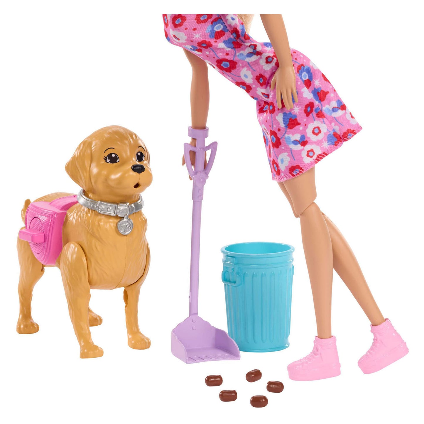 Set giocattolo Barbie Malibu per cucciolo che cammina: bambola, cane cacca e accessori