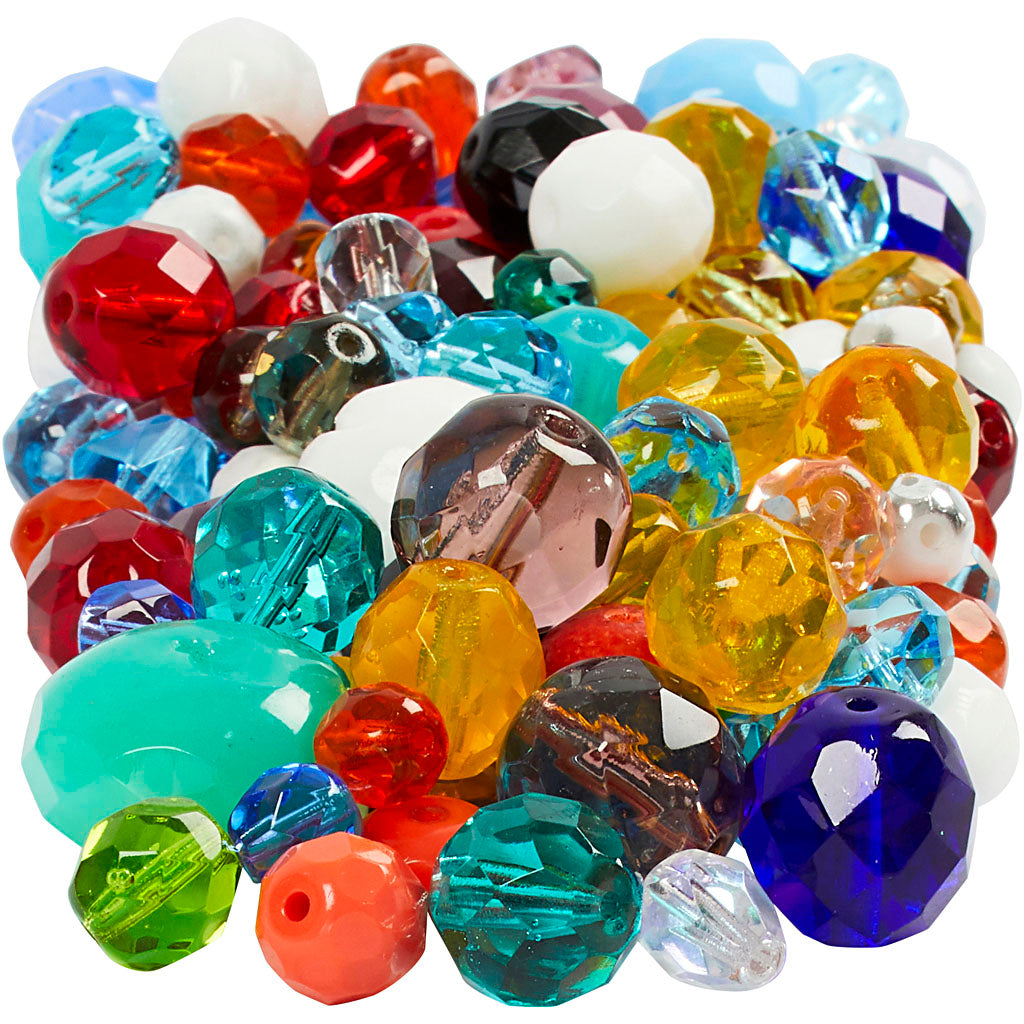 Perle di vetro sfaccettate dell'azienda Creativ, misura 3-15 mm, dimensione del foro 0,5-1,5 mm, ca. 450 pezzi, vari colori, 400 g 1 scatola