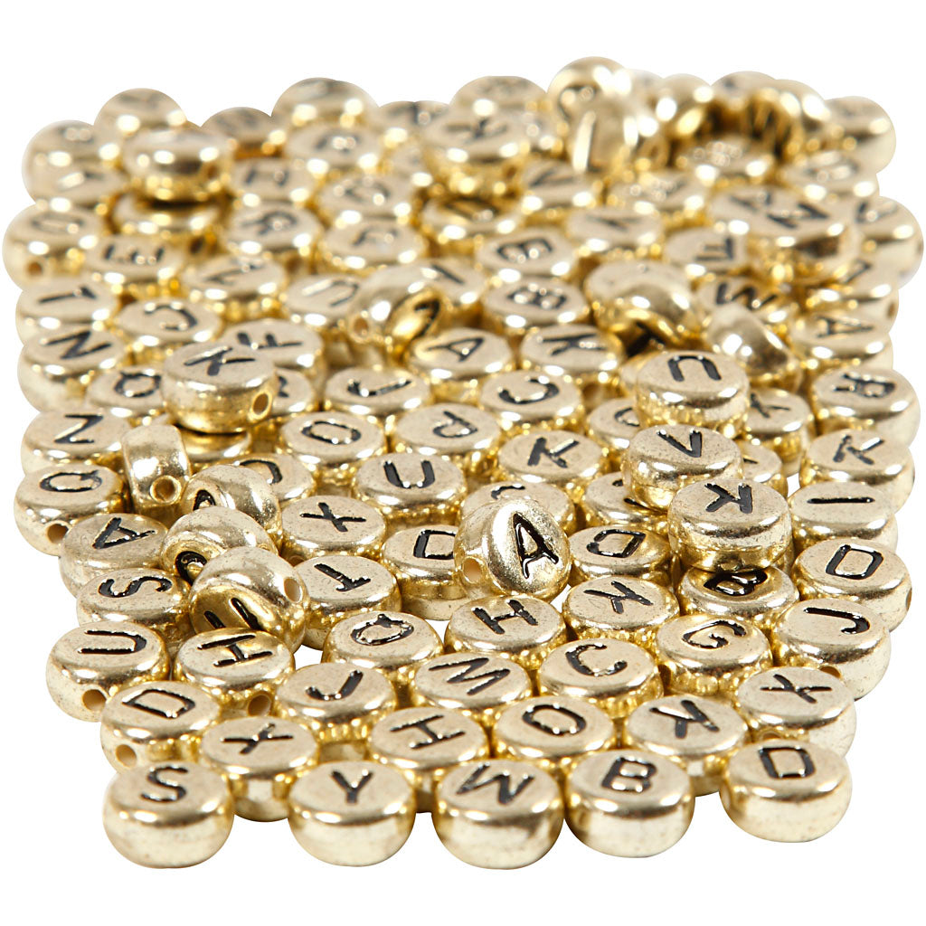 Cuentas con letras Creativ Company, dia 7 mm, medida del agujero 1 mm, aprox. 1500 piezas, oro, 165 gr 1 caja