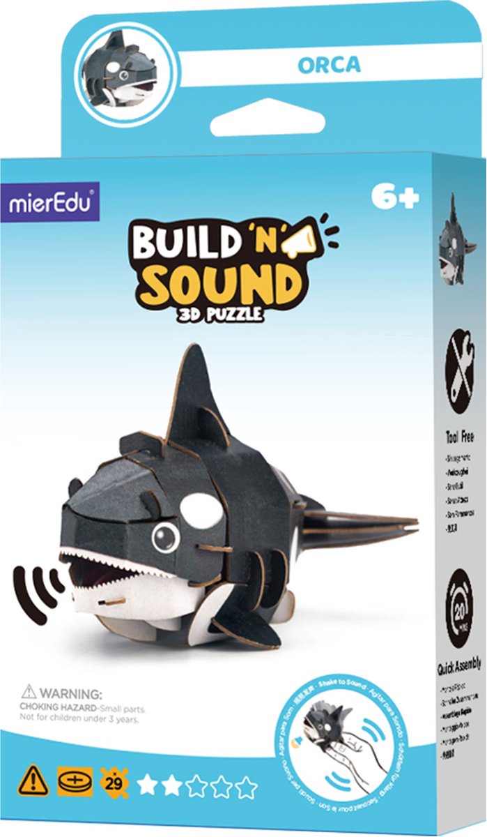 Mieredu 3d puzzel - orka - met geluid - 12,67x6,28x8,12cm - 6 jaar