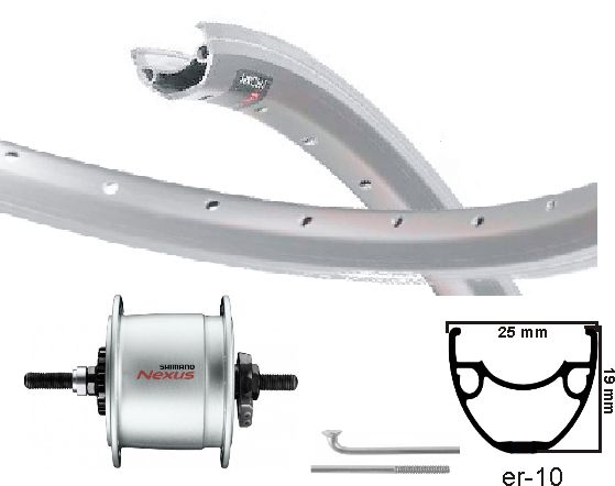 Ruota anteriore kgs 28 pollici (622) RIM Silver Hubdyn+R.Brake 6V-3W Asse fisso