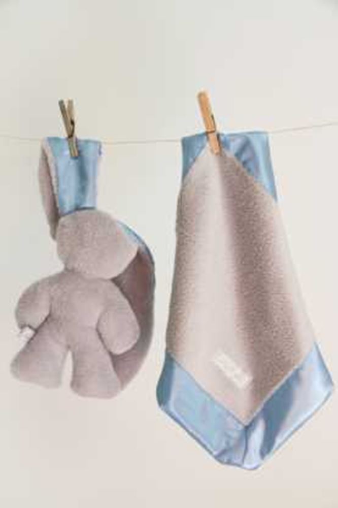 Coccole coniglietto grigio con orecchie blu. 26