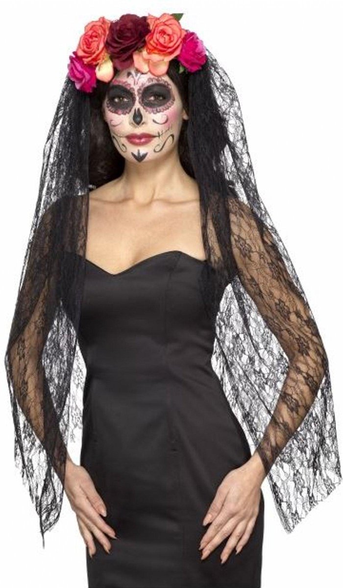 Diadema del día de muertos de Smiffys - con flores y velo - halloween - terror - diadema