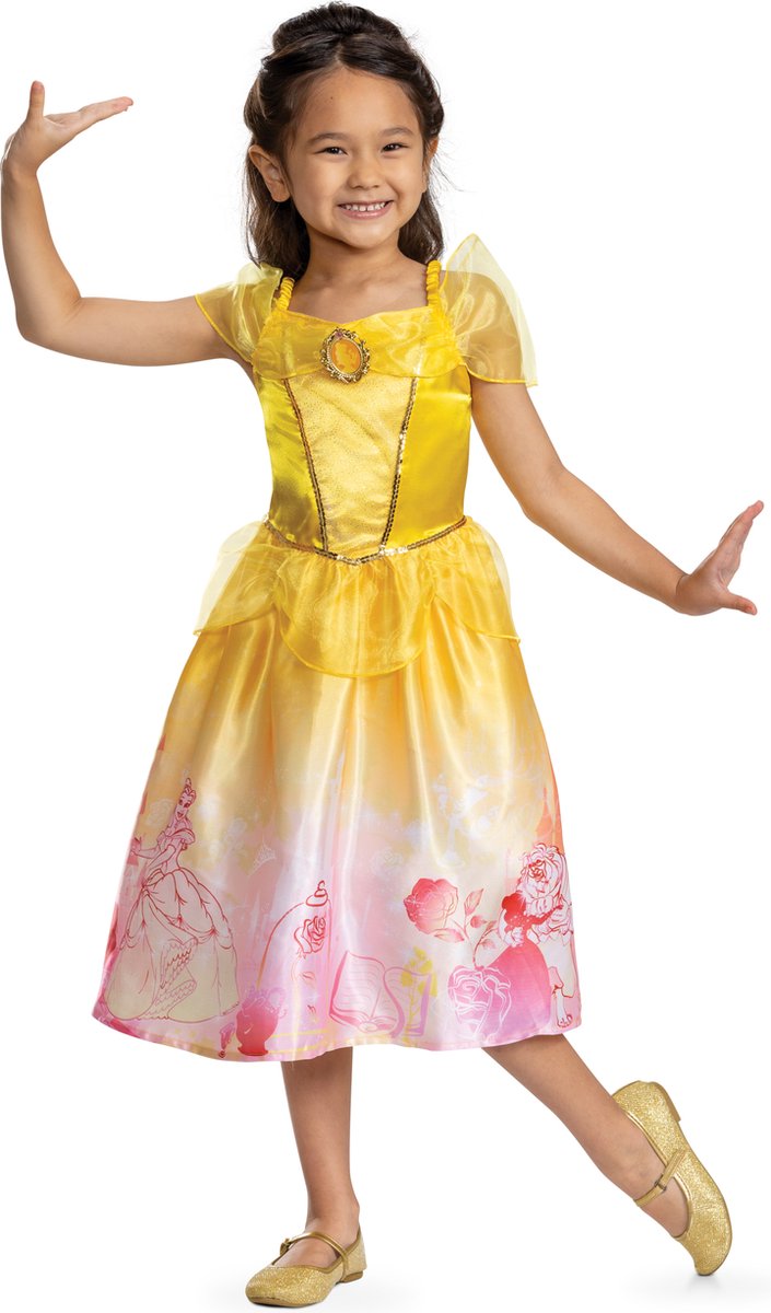 Disfraz princesa disney - la bella la bestia, vestido clásico de cuento de bella, talla xs (3t-4t años), niñas