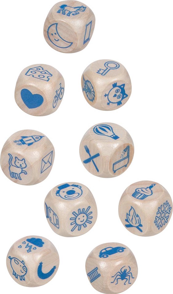 Gioco di dadi Goki - storie - 9 dadi in legno - in scatola di latta - 6 anni