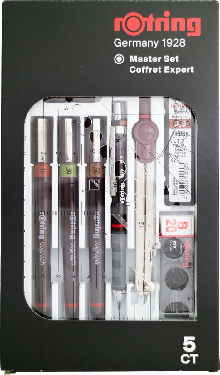 Juego de bolígrafos isógrafo Rotring, juego maestro de bolígrafo técnico y portaminas | 3 rotuladores (0,1 mm, 0,3 mm, 0,5 mm), portaminas (0,5 mm) y compás, además de accesorios | 10 piezas