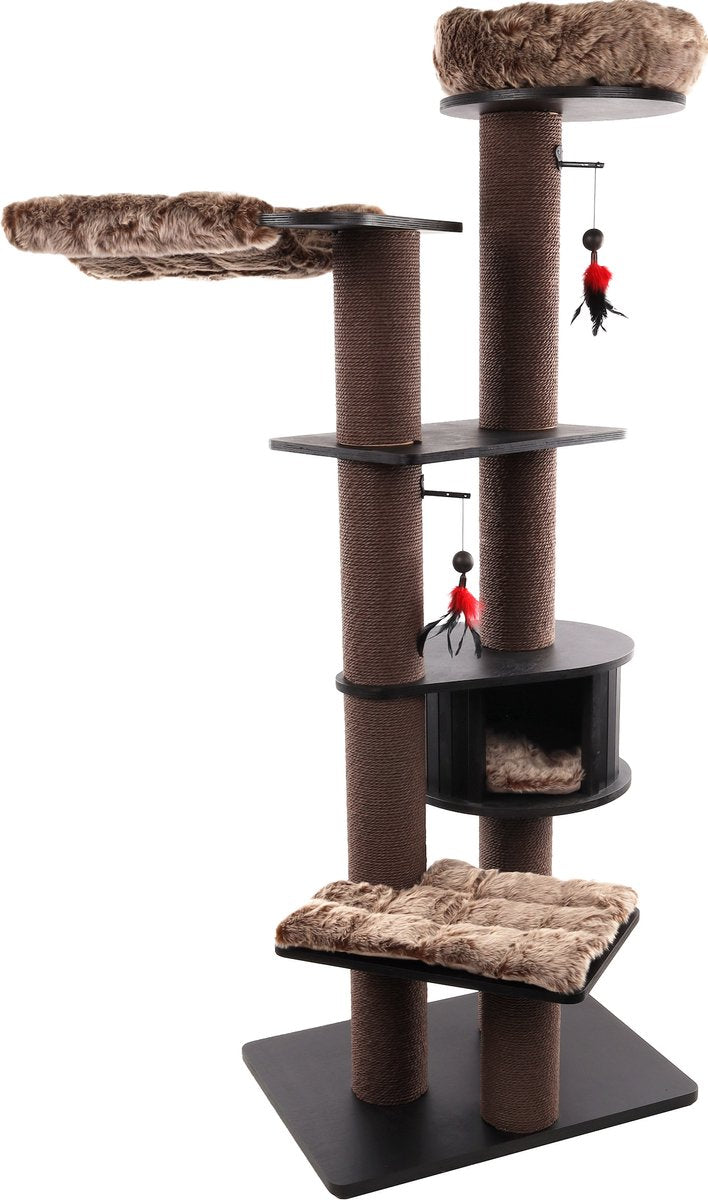 Rascador Flamingo – raisa 3 marrón gris – 109x72,5x198 cm – árbol para gatos de lujo xxl con cesta, cojines para hamaca – rascador de diseño con juguete – para todas las razas de gatos