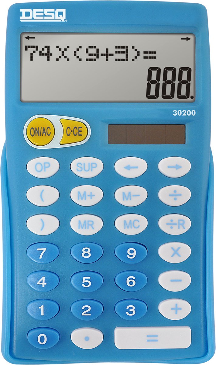 Calcolatrice Desq® scuola primaria | ordine ufficiale delle operazioni aritmetiche | mostra tutti i passaggi | funzione di divisione con resto | tasti di navigazione | funzione operatore | 10 cifre | Display a 2 righe