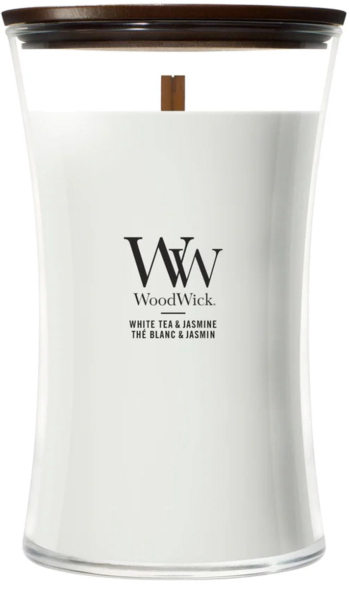 Vela perfumada grande Woodwick Hourglass - té blanco jazmín - 130 horas de combustión