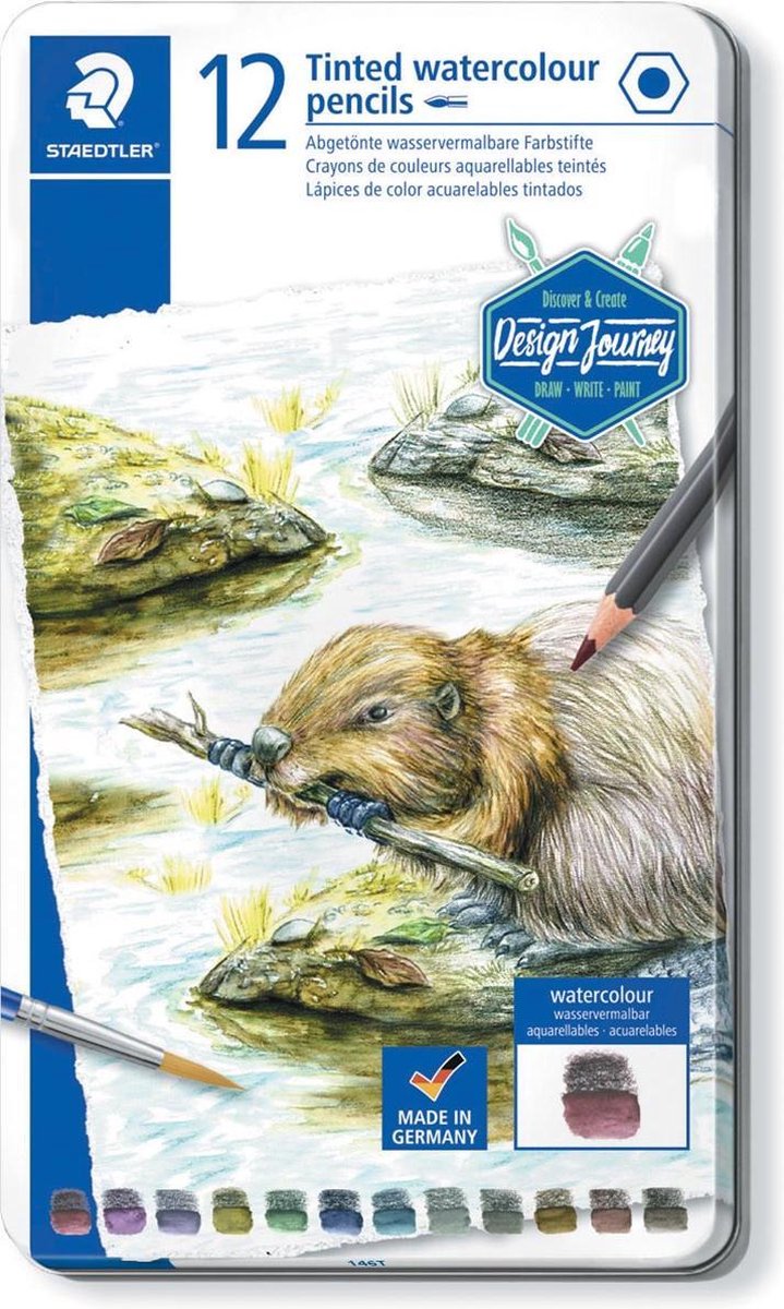 Lápiz acuarelable Staedtler, caja metálica con 12 colores.
