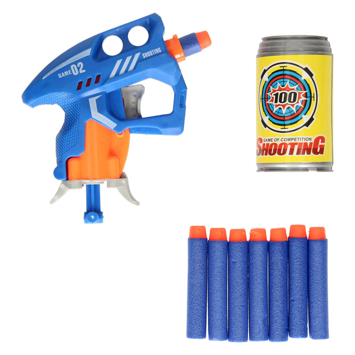 Pistola con dardi in schiuma e bersagli in lattina