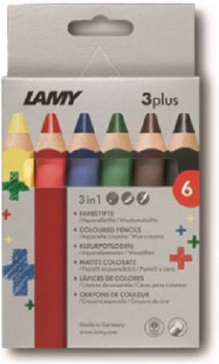 Matite colorate Lamy 3plus 520 set da 6 pezzi – mina extra spessa ø 10 mm, matite colorate in legno di cedro con forma ergonomica – ideali per bambini dai 3 anni – inclusa scatola pieghevole