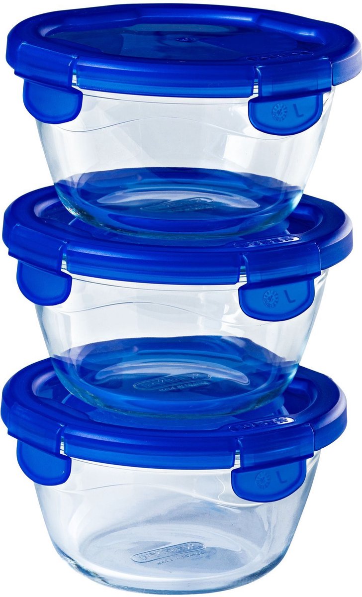 Pyrex - ciotola cook go rotonda con coperchio set da 3 pezzi - vetro borosilicato - trasparente -