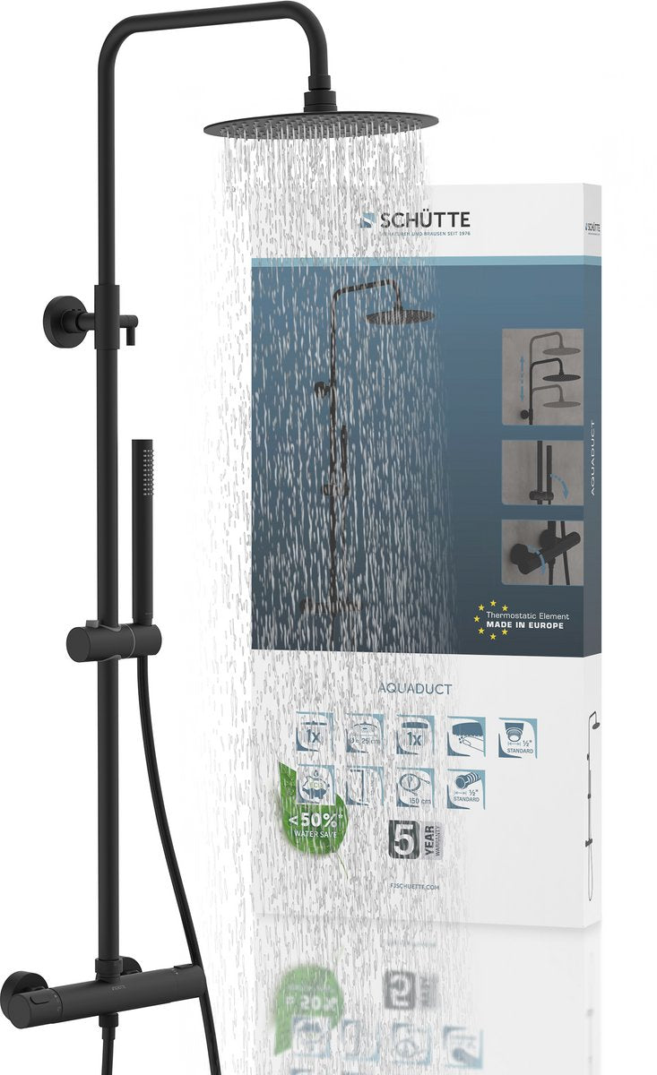 Sistema doccia acquedotto Schütte - doccia a pioggia - lunghezza asta 80 - 120 cm - con miscelatore termostatico - nero opaco