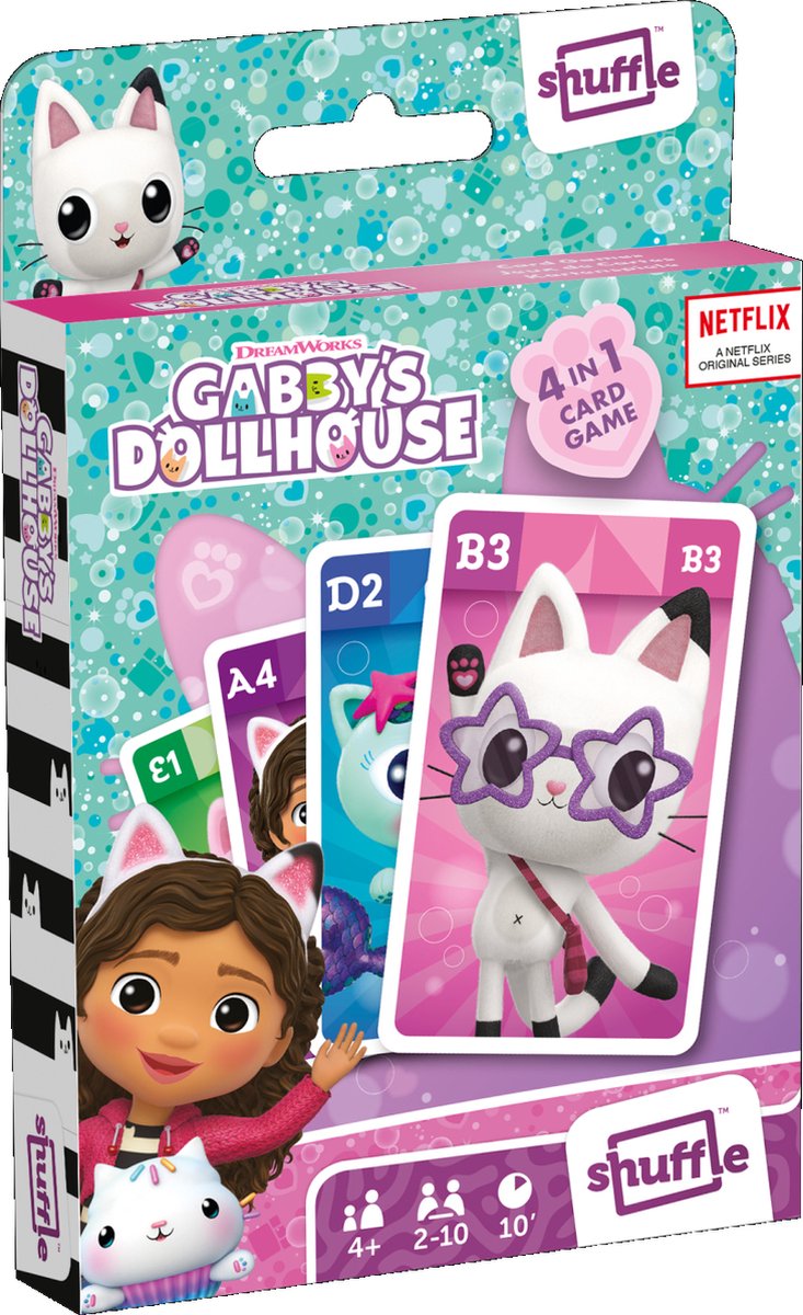 Shuffle Gabby's Dollhouse 4 in 1 Giochi di carte (Quartetto, Memo, Snap, Gioco d'azione)