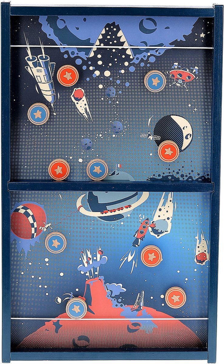 Juego educativo infantil de tejo de madera de Vilac con temática espacial.