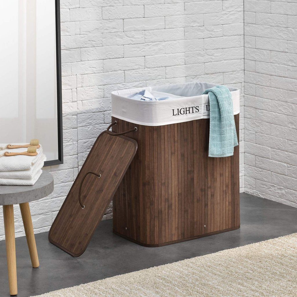 HomeStyle Pro Homestyle Rectangular Bamboo Lavandry Basket + Text 52x32x63 CM Brown White