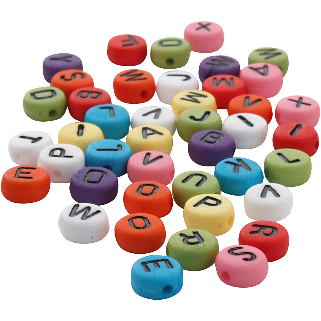 Perle di lettera rotonda, d 7 mm, dimensione del foro 1-2 mm, spessore 4 mm, vari colori, 500 g 1 scatola