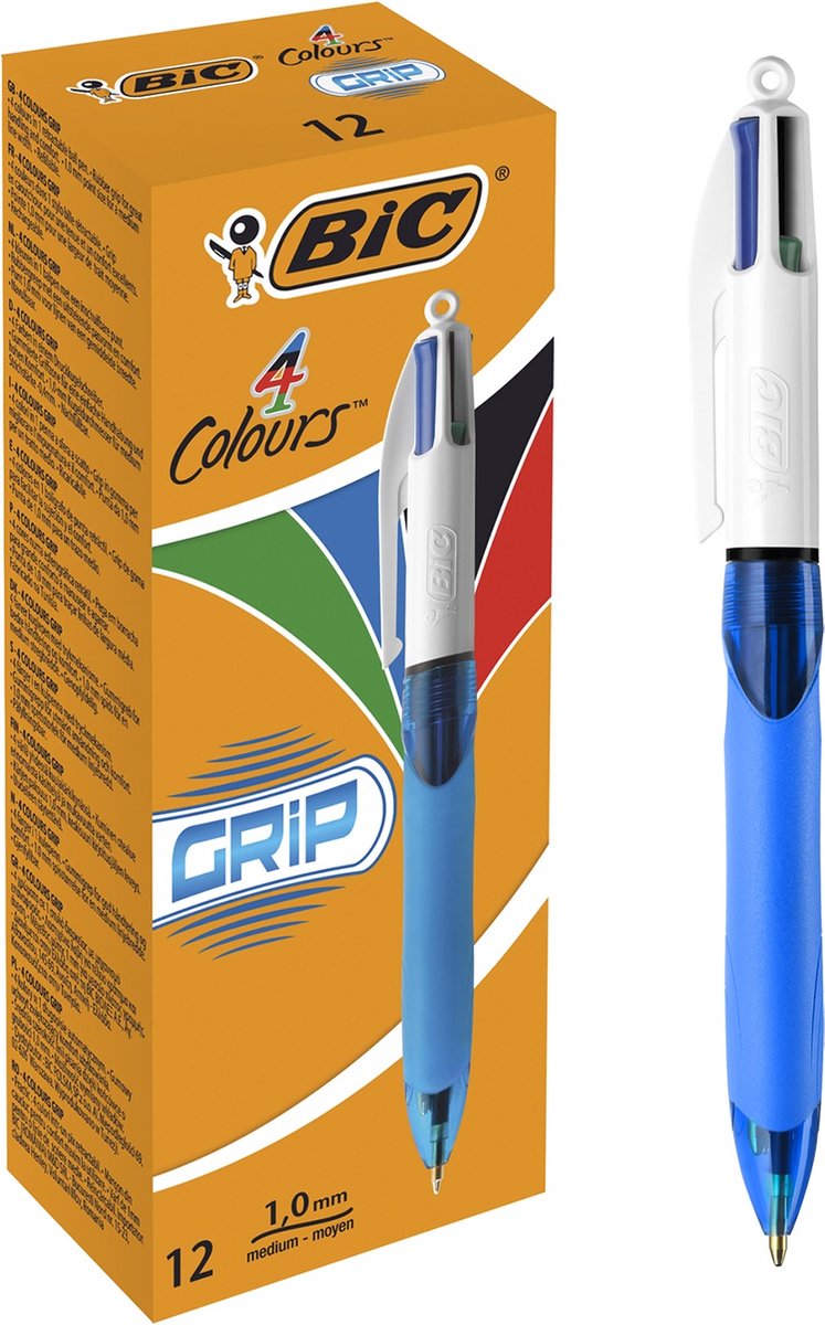 Bic 4 colors grip ballpoint pens with click system medium point (1.0 mm) - comfortable grip - box of 12 pieces