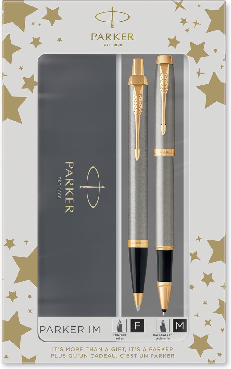 Set regalo Parker im duo con penna a sfera e penna roller | metallo spazzolato con bordo dorato | ricarica e cartuccia di inchiostro nero | confezione regalo