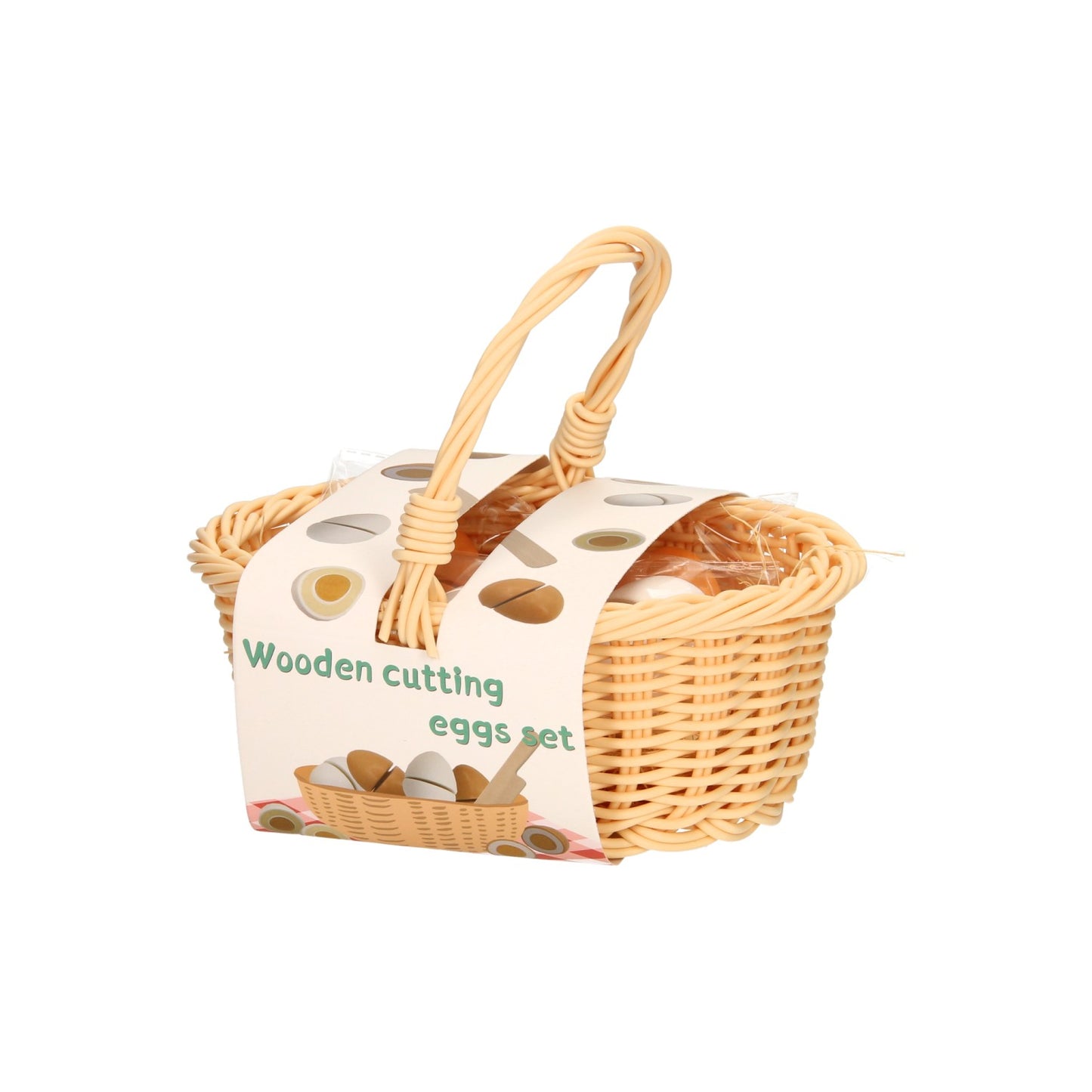 Cortar la madera de huevos en la cesta de mimbre de plástico