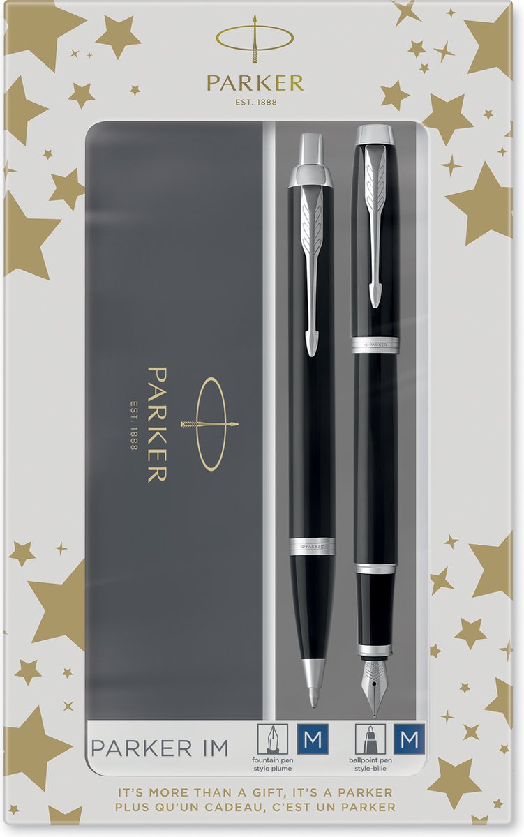 Set de regalo Parker im duo con bolígrafo y pluma estilográfica | negro brillante con acabado cromado | recarga de tinta y cartucho de tinta con tinta azul | envoltorio de regalo
