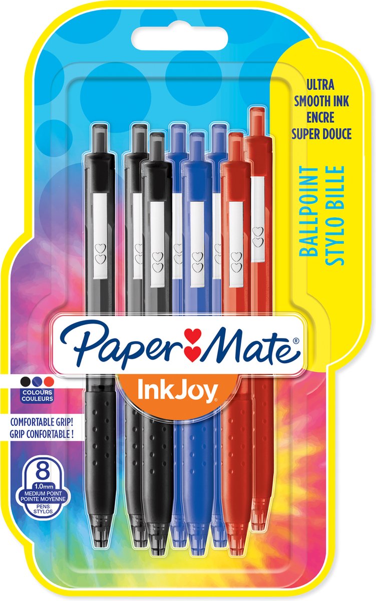 Penne a sfera Paper Mate Inkjoy 300RT con pulsante | punto medio (1,0 mm) | nero, blu e rosso | 8 pezzi