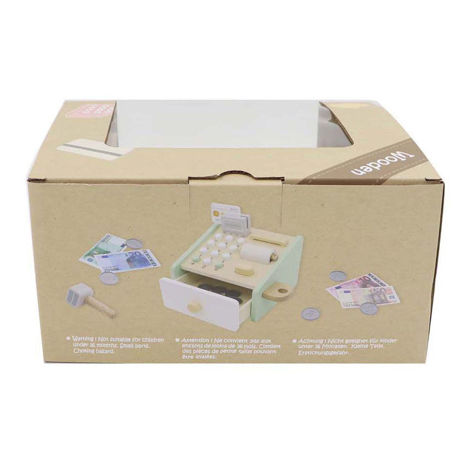 Caja registradora de juguete de madera con accesorios.