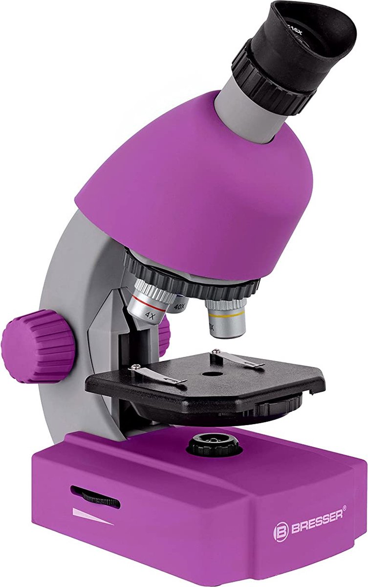 Microscopio Bresser junior – 40x640x – viola – incl. pacchetto accessori – per campioni trasparenti