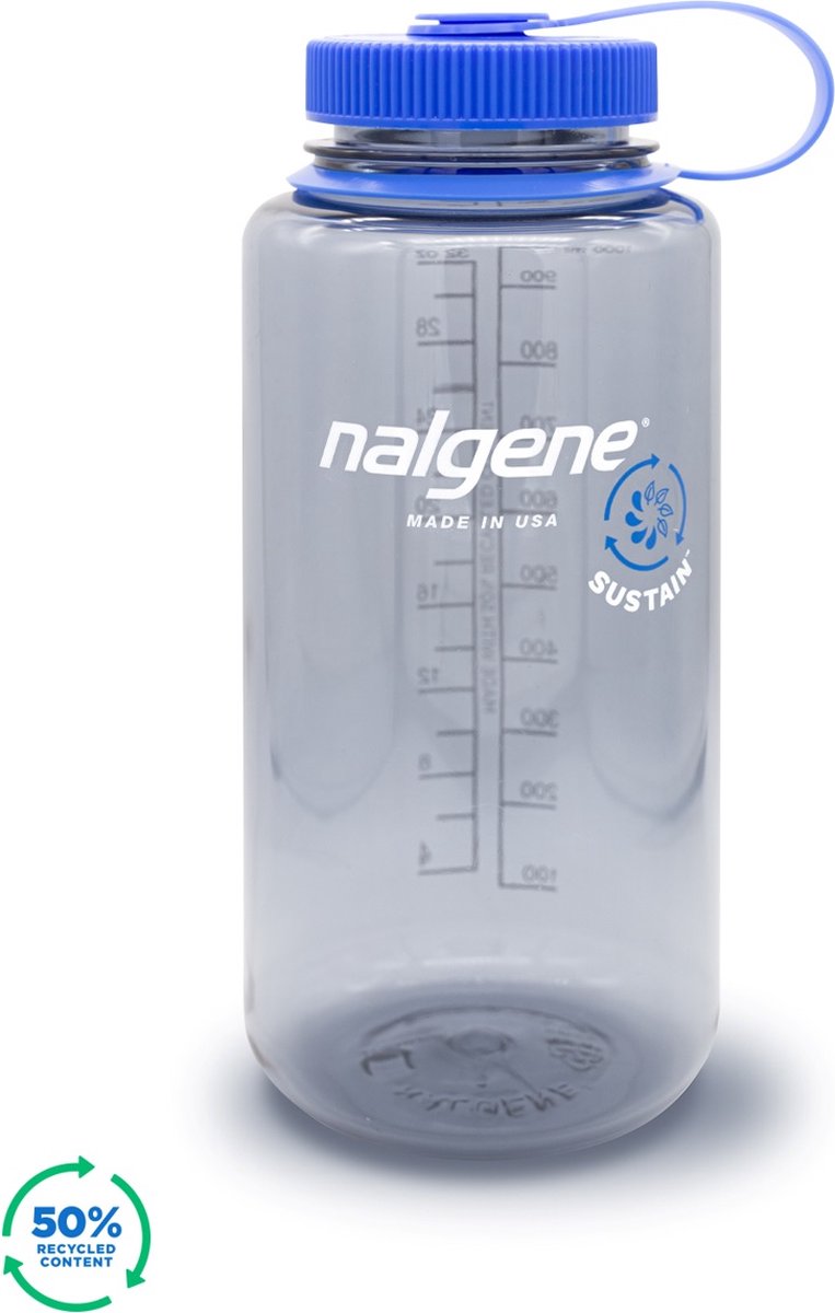 Nalgene - botella de boca ancha - botella para beber - botella de agua - a prueba de fugas - 1000 ml - sin bpa - sustentable - gris