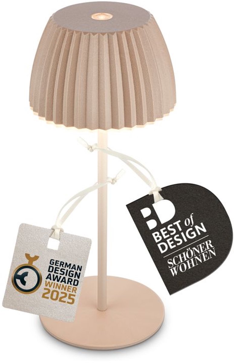 B.k.licht briloner champ mini - mini lámpara de mesa recargable - lámpara inalámbrica - regulable táctil - para interior y exterior - ganador del premio de diseño alemán 2025 - beige - ø8,5 x 20cm