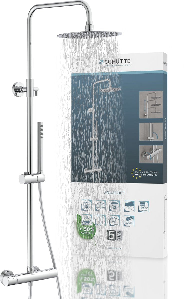 Sistema doccia acquedotto Schütte - doccia a pioggia - lunghezza asta 80 - 120 cm - con miscelatore termostatico - cromo