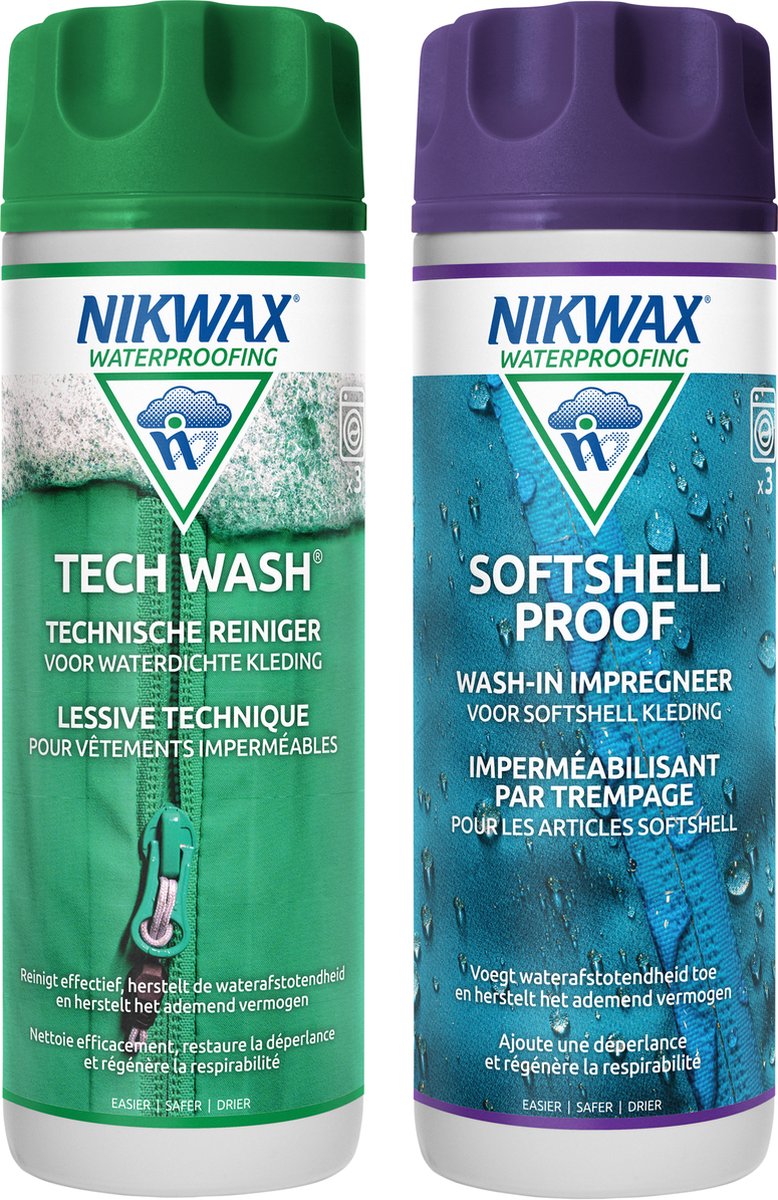 Nikwax tech wash softshellproof, limpieza e impregnación para softshell 300ml