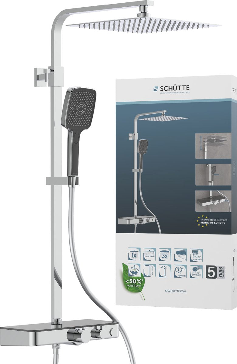 Schütte ocean douchesysteem - regendouche - met thermostatische douchekraan - geïntegreerd glazen planchet - met push-button omsteller - hartafstand 150 mm - chroom antraciet