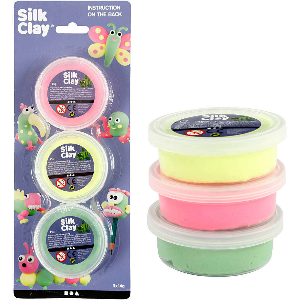 Silk clay ®, verde claro, rosa neón, amarillo neón, 3x14 gr 1 caja